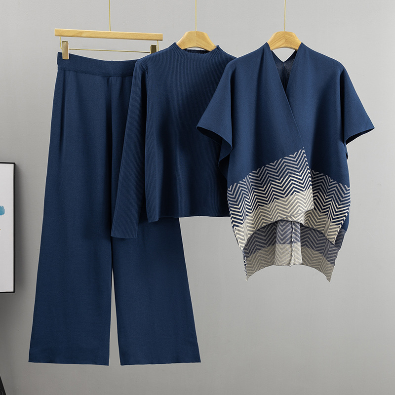 Stripe gradient versatile fashion shawl simple knitted top wide leg pants fashion set autumn and winter new style western-style women Stripe gradient versatile fashion shawl simple knitted top wide leg pants fashion set autumn and winter new style western-style women