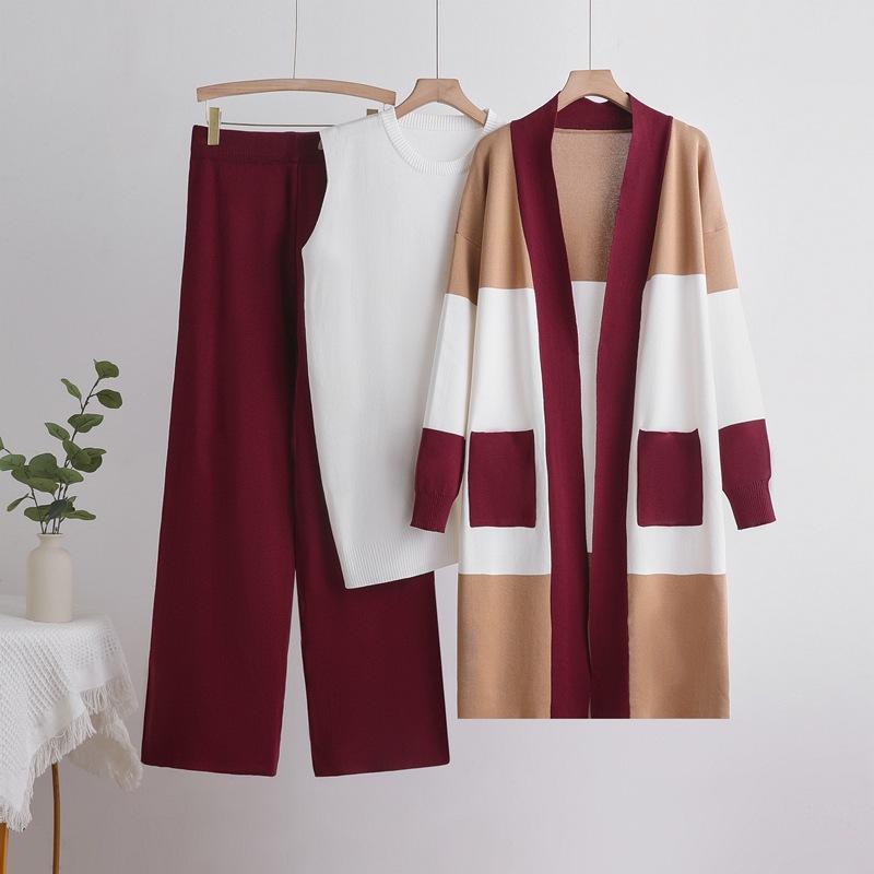 Cross border foreign trade women's clothing 2025 autumn new item European and American knitted medium long cardigan vest wide leg pants three piece set Cross border foreign trade women's clothing 2025 autumn new item European and American knitted medium long cardigan vest wide leg pants three piece set