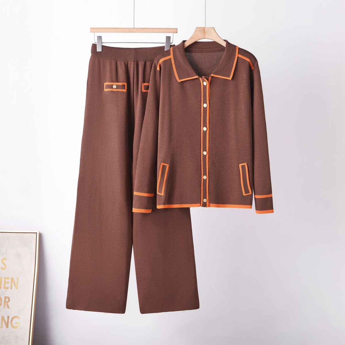 Cross border European Station temperament knitted suit women's autumn new casual Polo collar sweater wide leg wide leg pants two-piece set