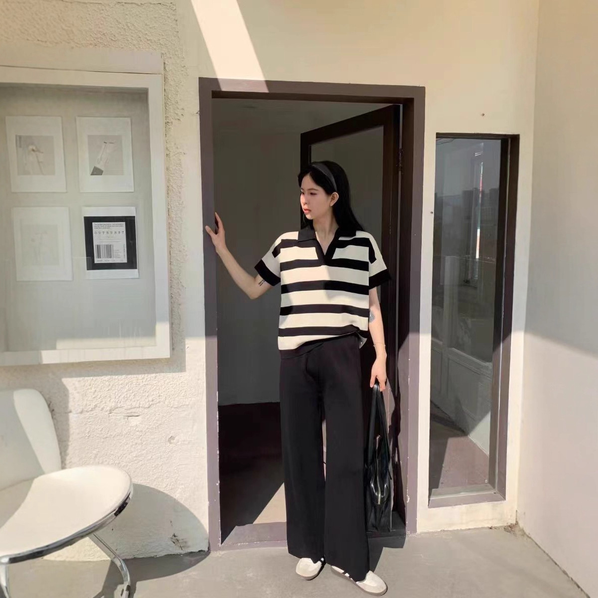 Spring and Autumn New Korean Color Contrast Stripe POLO Collar 1 Design Knitted Top+High Waist Wide Leg Pants Two Piece Set