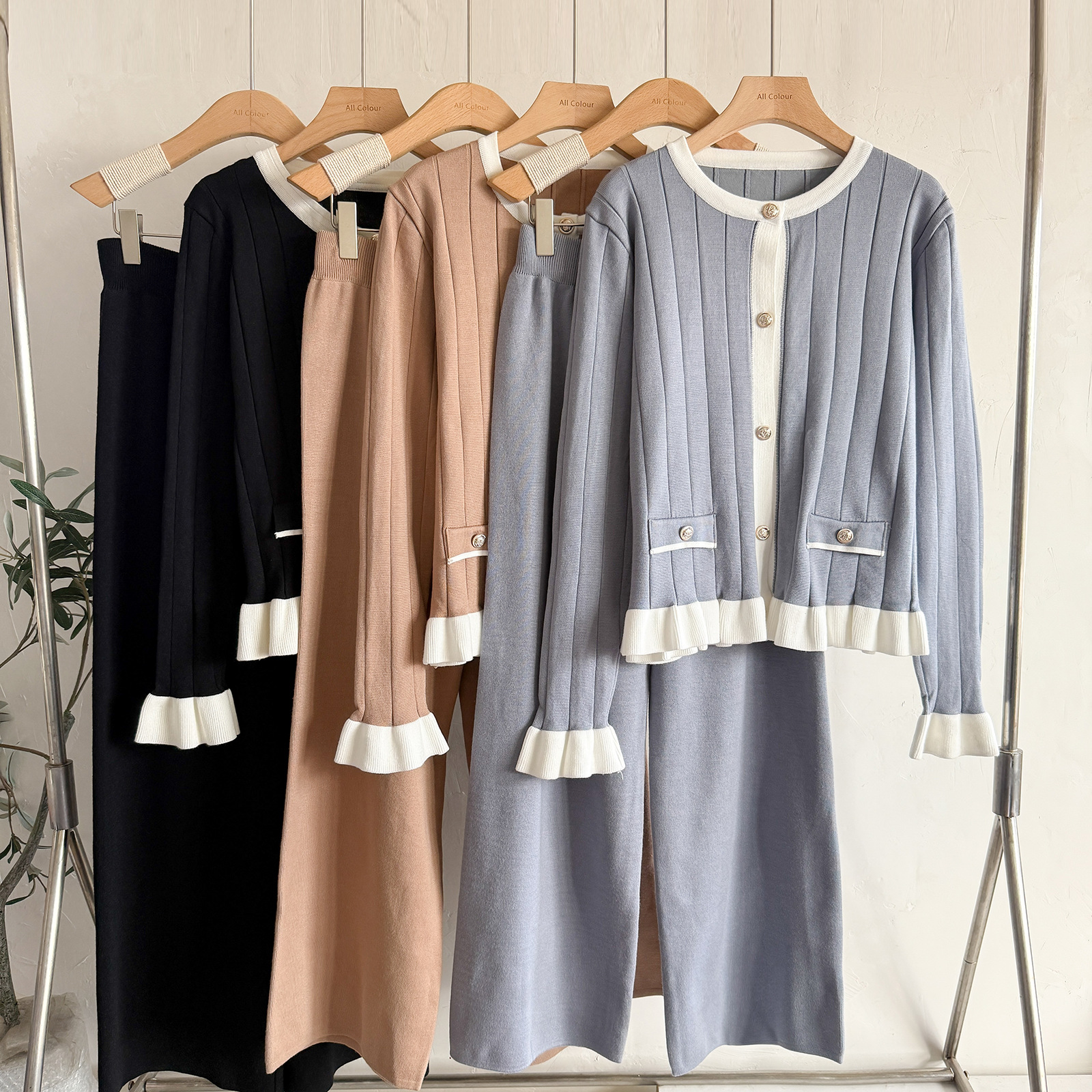 Cross border European Station Autumn and Winter Horn Long Sleeve Knitted Cardigan Set for Women's Fashion Wide Leg Pants, Style Two Piece Set, Trendy Cross border European Station Autumn and Winter Horn Long Sleeve Knitted Cardigan Set for Women's Fashion Wide Leg Pants, Style Two Piece Set, Trendy