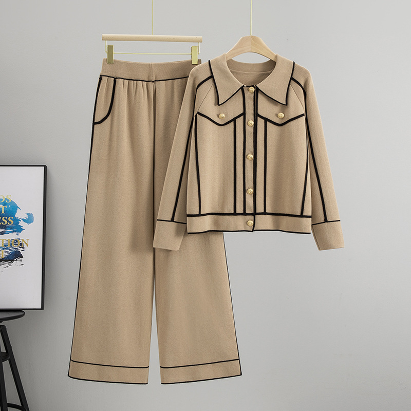 Cross border foreign trade fashion suit temperament style metal buckle contrasting edge cardigan top wide leg pants two-piece set women's spring and autumn