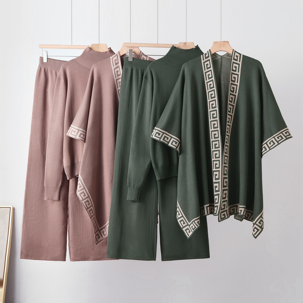 26 year cross-border loose and lazy mid neck pullover knitted sweater paired with a shawl cloak jacket and wide leg pants three piece set 26 year cross-border loose and lazy mid neck pullover knitted sweater paired with a shawl cloak jacket and wide leg pants three piece set
