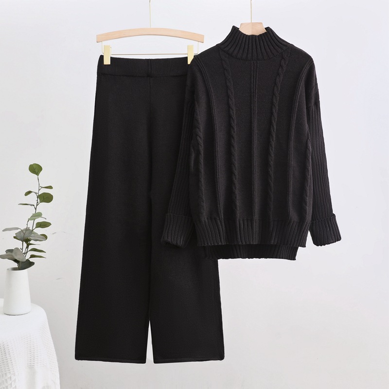 2024 Autumn/Winter New Knitted High Collar Sweater Thread Craft Fashion Casual Wide Leg Pants Two Piece Trendy Set 2024 Autumn/Winter New Knitted High Collar Sweater Thread Craft Fashion Casual Wide Leg Pants Two Piece Trendy Set