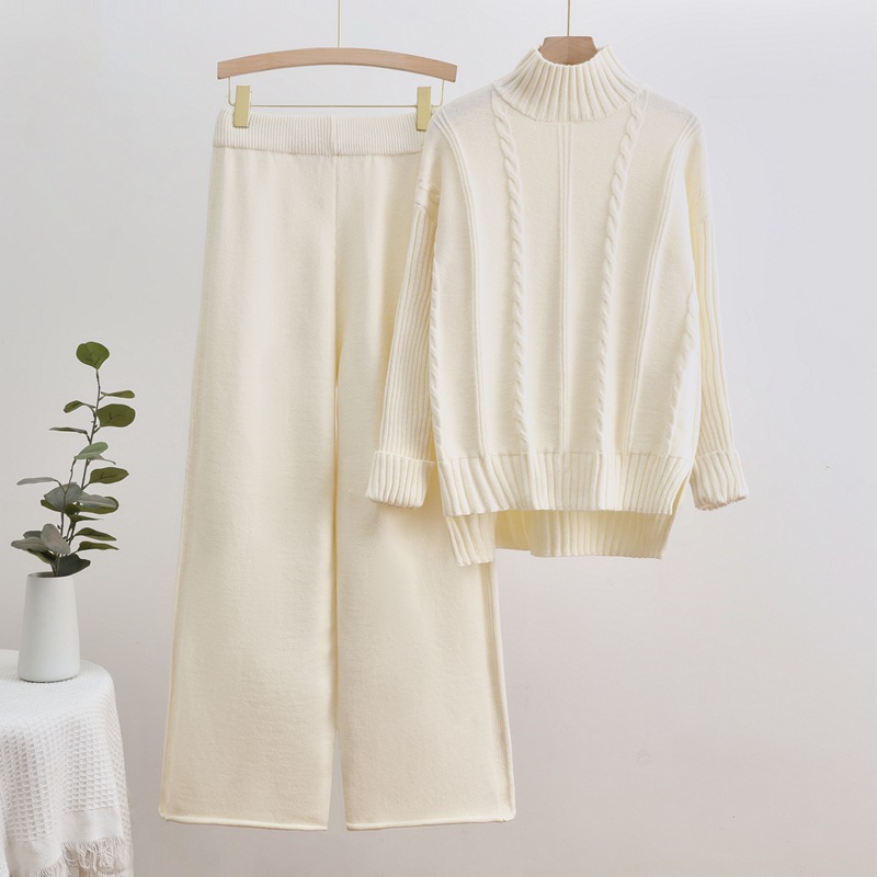 2024 Autumn/Winter New Knitted High Collar Sweater Thread Craft Fashion Casual Wide Leg Pants Two Piece Trendy Set 2024 Autumn/Winter New Knitted High Collar Sweater Thread Craft Fashion Casual Wide Leg Pants Two Piece Trendy Set