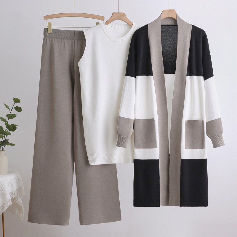 Cross border European and American fashion 2025 autumn cardigan jacket knitted three piece set vest wide leg pants casual lazy feeling set Cross border European and American fashion 2025 autumn cardigan jacket knitted three piece set vest wide leg pants casual lazy feeling set