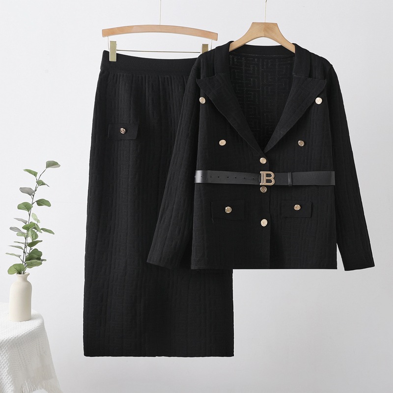 Cross border new comfortable women's clothing maze jacquard pattern B-shaped breasted lapel, waist cinched knit long sleeved pants set Cross border new comfortable women's clothing maze jacquard pattern B-shaped breasted lapel, waist cinched knit long sleeved pants set