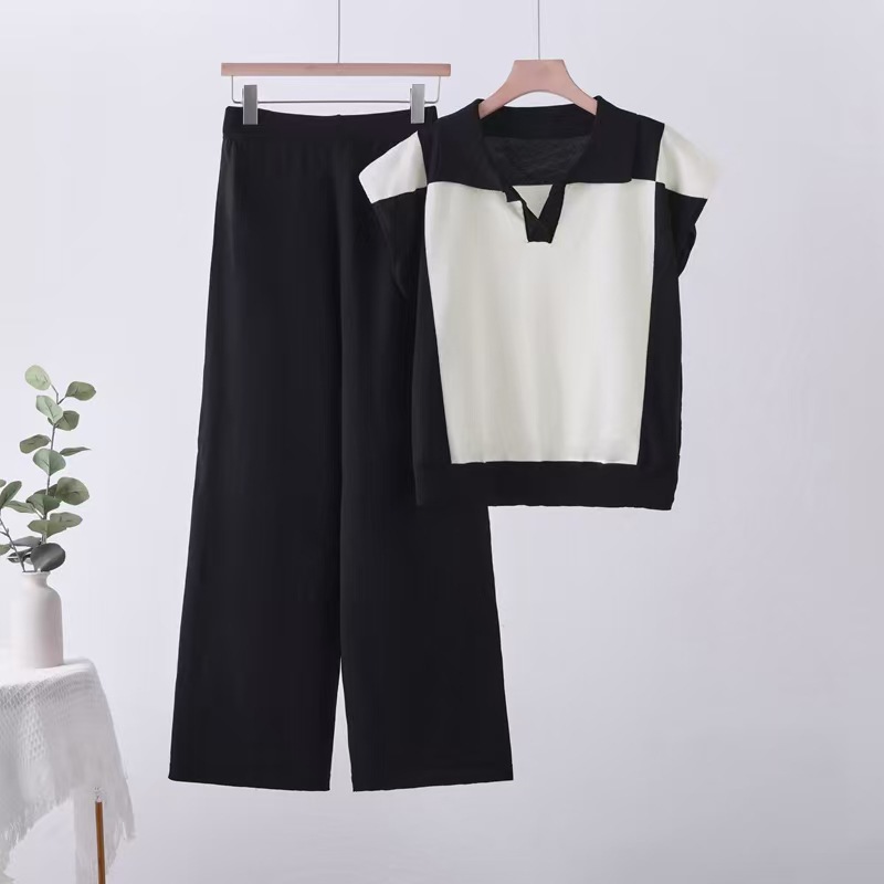 Cross border contrasting polo collar knitted suit women's summer short sleeved wide leg pants two-piece set casual slimming temperament wear