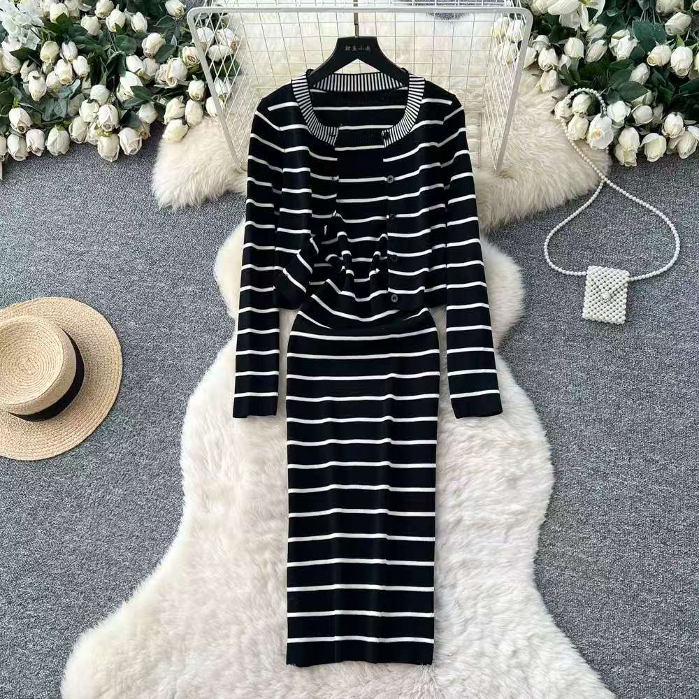 French commuting style striped button knit two-piece set for women's autumn slim fit design cardigan dress set French commuting style striped button knit two-piece set for women's autumn slim fit design cardigan dress set