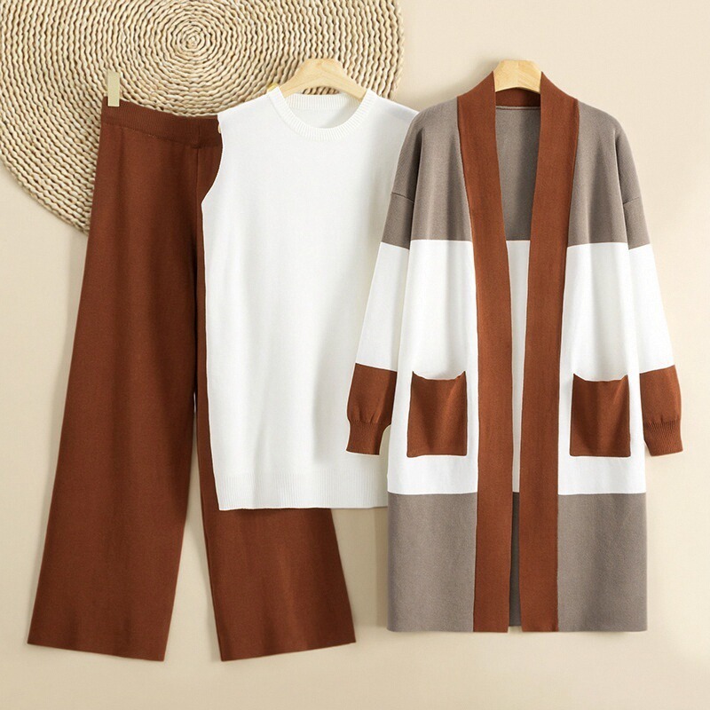 Cross border foreign trade women's clothing 2025 autumn new item European and American knitted medium long cardigan vest wide leg pants three piece set Cross border foreign trade women's clothing 2025 autumn new item European and American knitted medium long cardigan vest wide leg pants three piece set