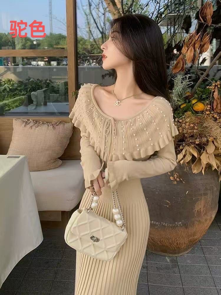Korean elegant and graceful French knitted dress, women's 2025 new style, unique and beautiful temperament, waist cinching long skirt