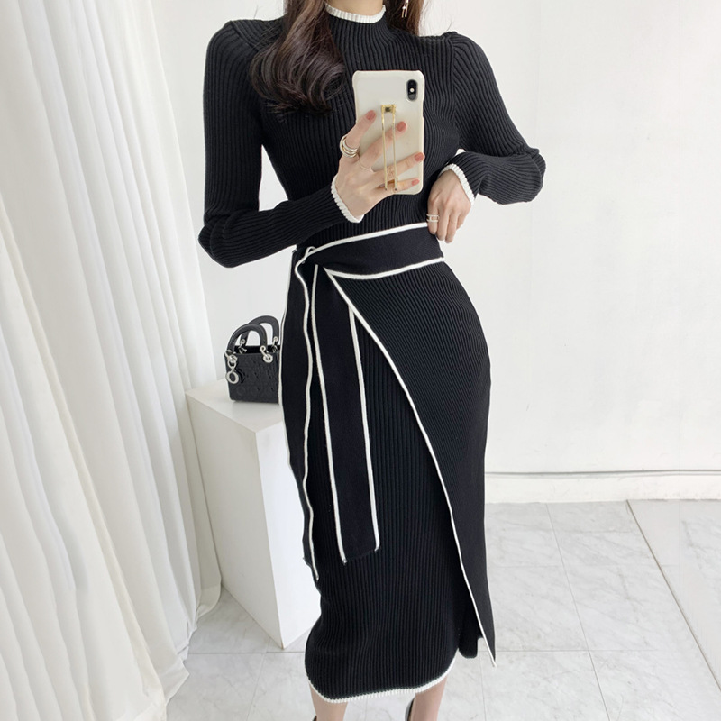 Korean chic autumn and winter retro niche semi high neck slim fit temperament color blocked medium long strap knit dress for women Korean chic autumn and winter retro niche semi high neck slim fit temperament color blocked medium long strap knit dress for women