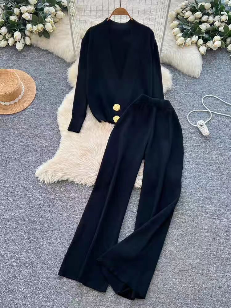 Lazy commuting style knitted V-neck cardigan wide leg pants two-piece set for women's autumn high-end feeling slimming versatile set