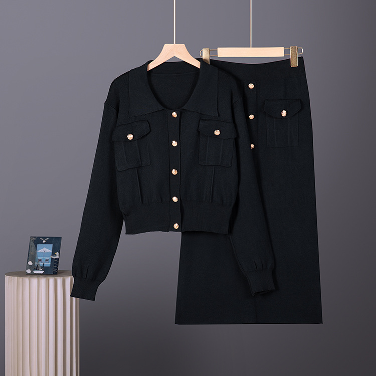 Cross border French collar small fragrance style set autumn and winter sweater women's cardigan top knitted slim half skirt two-piece set Cross border French collar small fragrance style set autumn and winter sweater women's cardigan top knitted slim half skirt two-piece set
