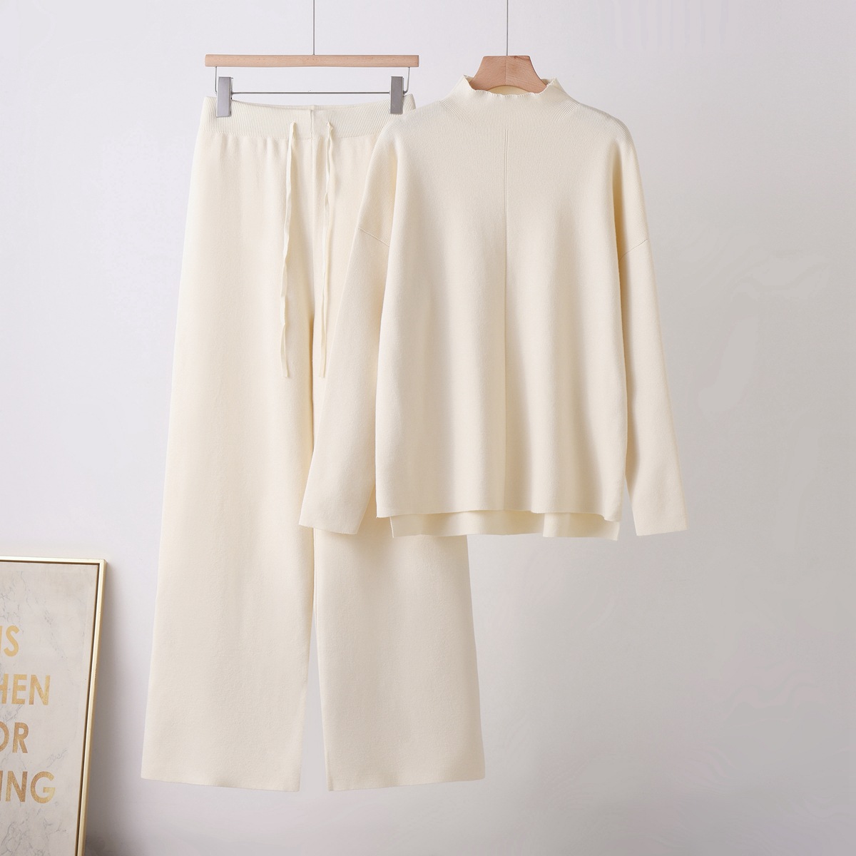 Cross border fashion suit for women, standing collar, loose long sleeved, irregular knitted top, high waist slimming straight leg wide leg pants for women