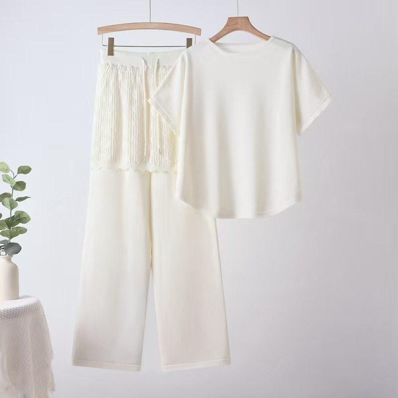 Cross border 2026 summer new style casual and gentle style set for women, loose and slim knit wide leg pants, two pieces Cross border 2026 summer new style casual and gentle style set for women, loose and slim knit wide leg pants, two pieces