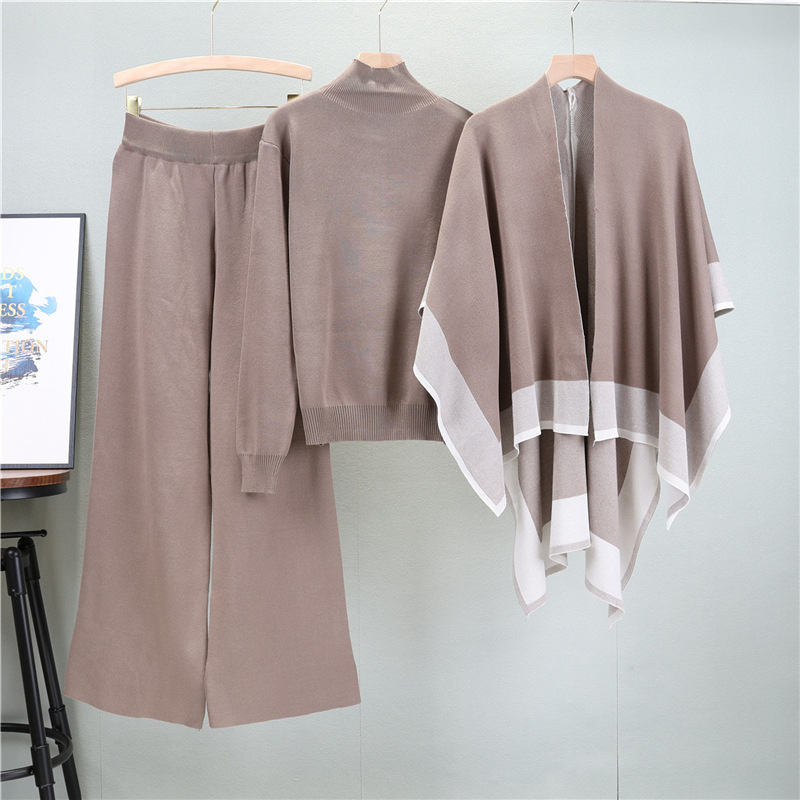 Cross border European Station Spring and Autumn New Style Knitted Fashion Set Women's Sweater+Shawl+Wide Leg Pants 3-Piece Set