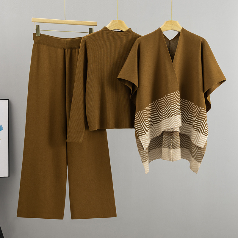 Stripe gradient versatile fashion shawl simple knitted top wide leg pants fashion set autumn and winter new style western-style women Stripe gradient versatile fashion shawl simple knitted top wide leg pants fashion set autumn and winter new style western-style women