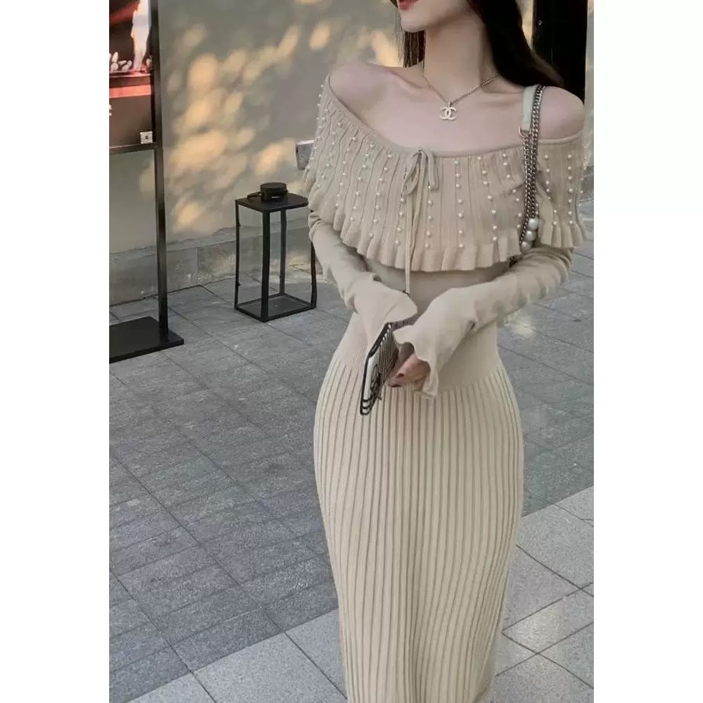Korean elegant and graceful French knitted dress, women's 2025 new style, unique and beautiful temperament, waist cinching long skirt Korean elegant and graceful French knitted dress, women's 2025 new style, unique and beautiful temperament, waist cinching long skirt