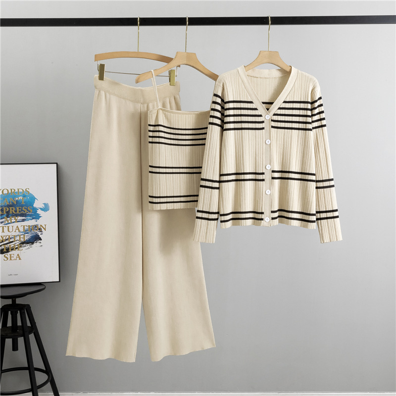 Cross border new product 2026 new striped camisole cardigan three piece set fashionable temperament versatile knitted set for women's spring and autumn