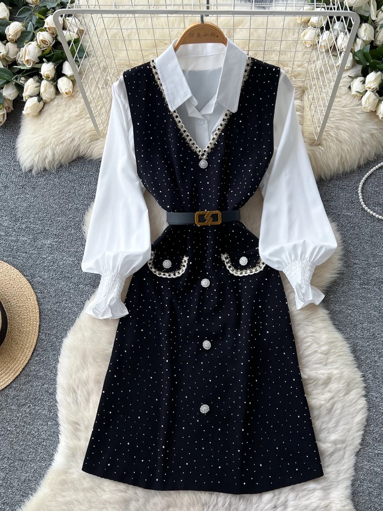 Light luxury set, light mature style, lapel, bubble sleeve shirt, vest skirt two-piece set, women's autumn waist slimming set