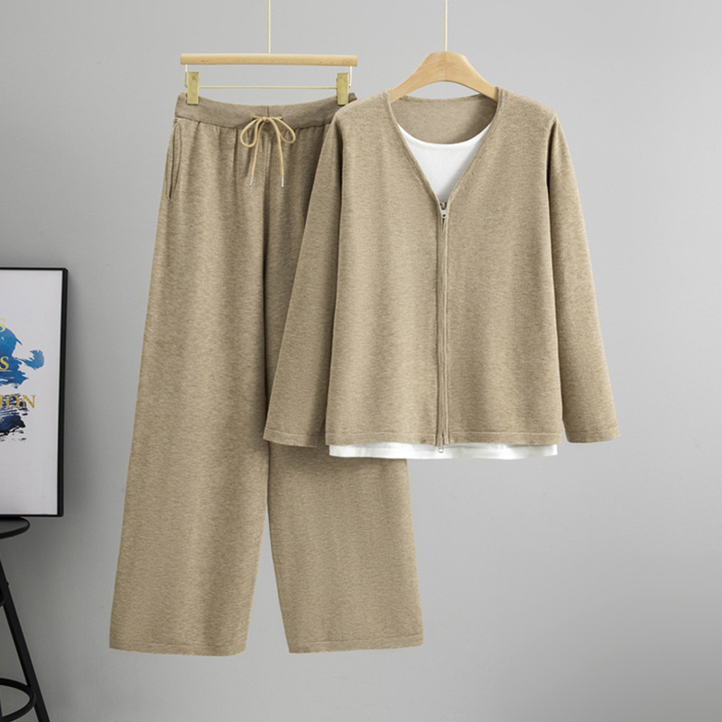 Gentle and fashionable two-piece set for age reduction in spring and autumn lazy style, long sweater with V-neck design, knitted cardigan, wide leg pants