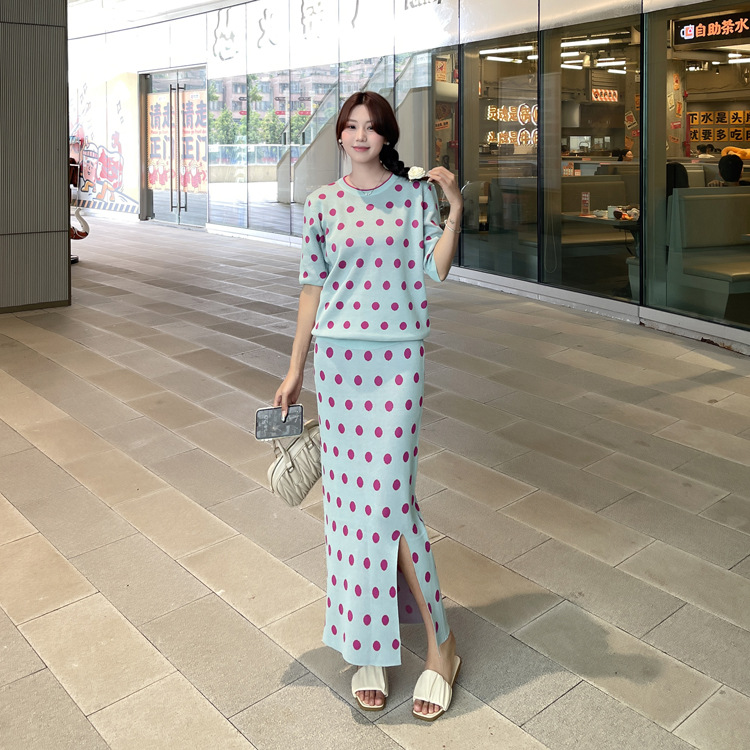 Korean chic summer retro temperament round neck polka dot short sleeved knit shirt+high waisted hip hugging skirt two-piece set