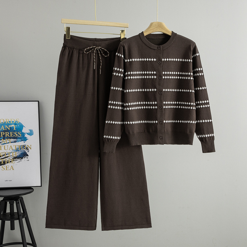 Cross border Spring and Autumn New Knitted Cardigan Women's Set Round Neck Striped Sweater Jacket with Casual Style, High Waist and Wide Leg Pants