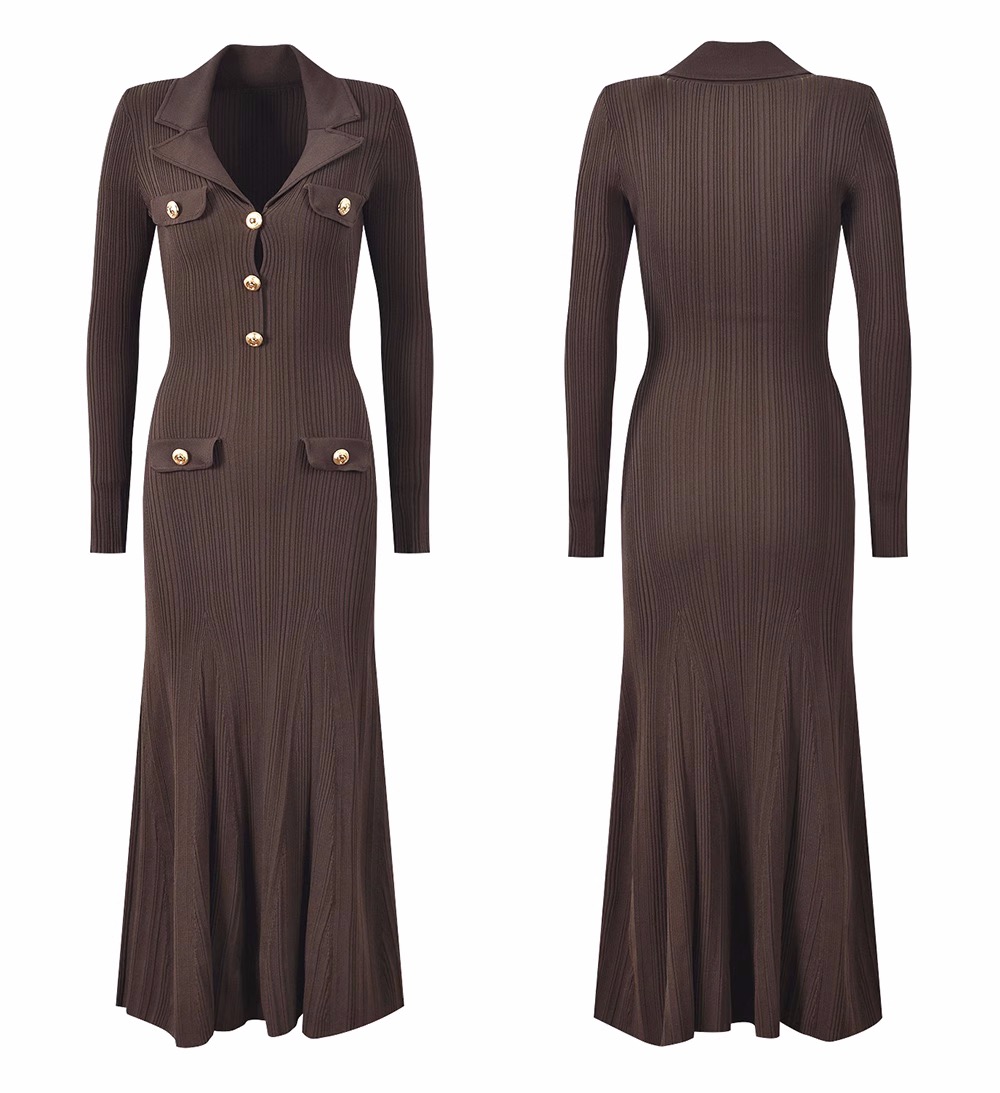 French socialite temperament fashionable and elegant waist cinching slimming suit collar gold buckle vertical stripe long dress