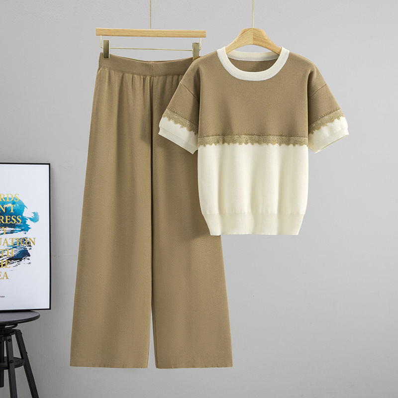 Cross border summer new short sleeved casual suit women's round neck color blocked fake two-piece knitted top wide leg pants two-piece set