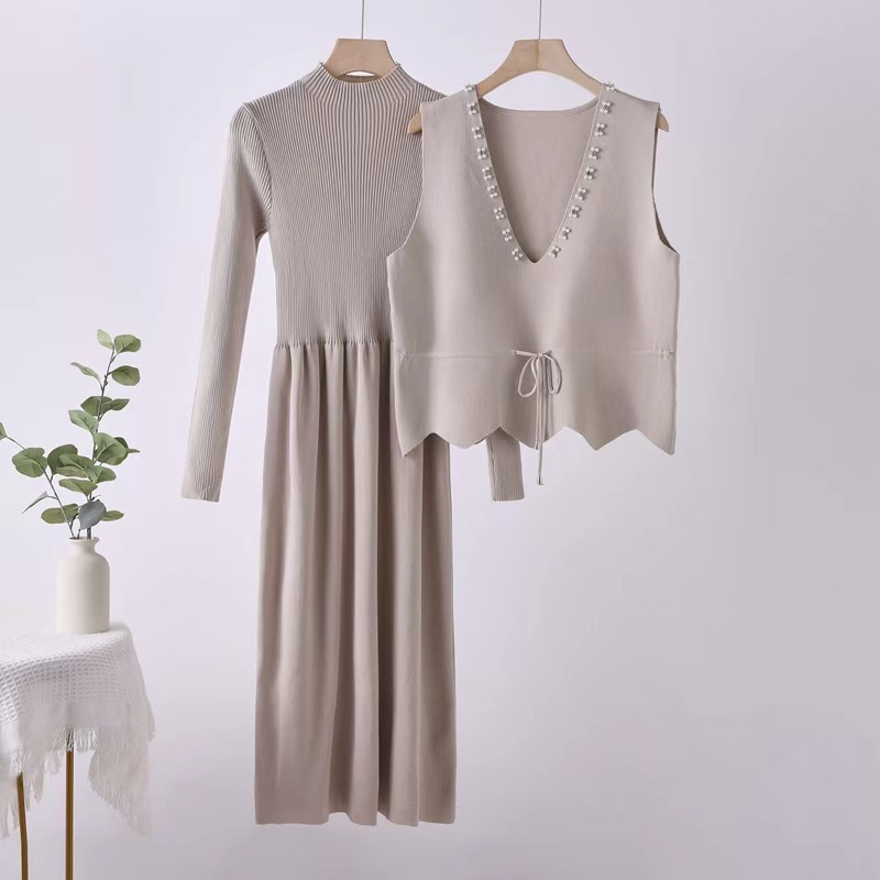 Cross border leisure sports zipper knitted set 2025 new nail bead cardigan wide leg pants two-piece set