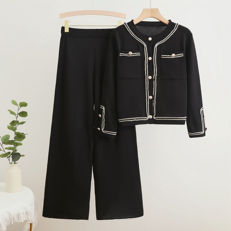Spring and Autumn Leisure Set for Women 2024 New Fashionable Round Neck Knitted Cardigan Top Wide Leg Pants Two Piece Set