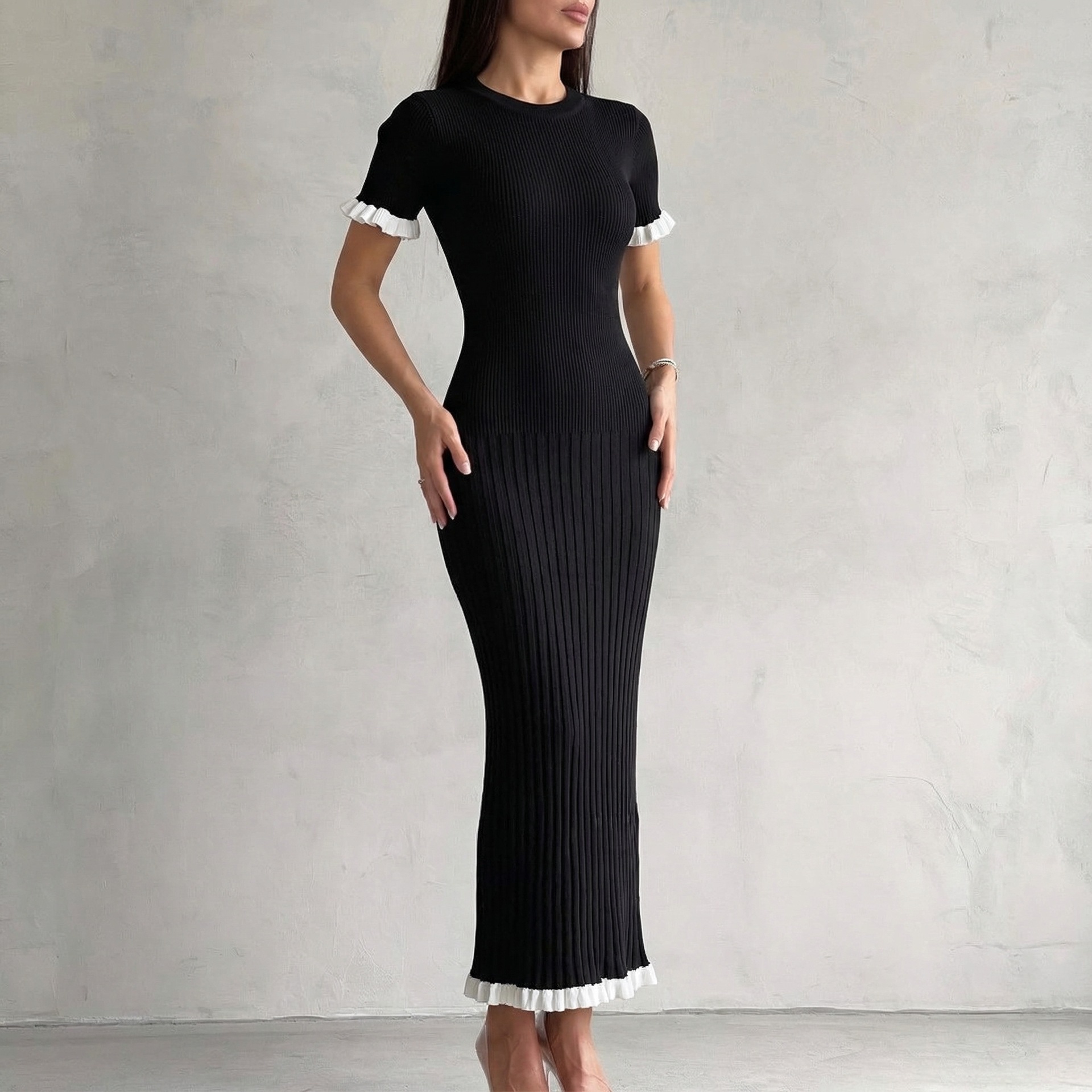 Cross border European and American women's clothing 2026 new style lapel buckle decoration contrasting color ruffle edge tight sweater dress vacation style
