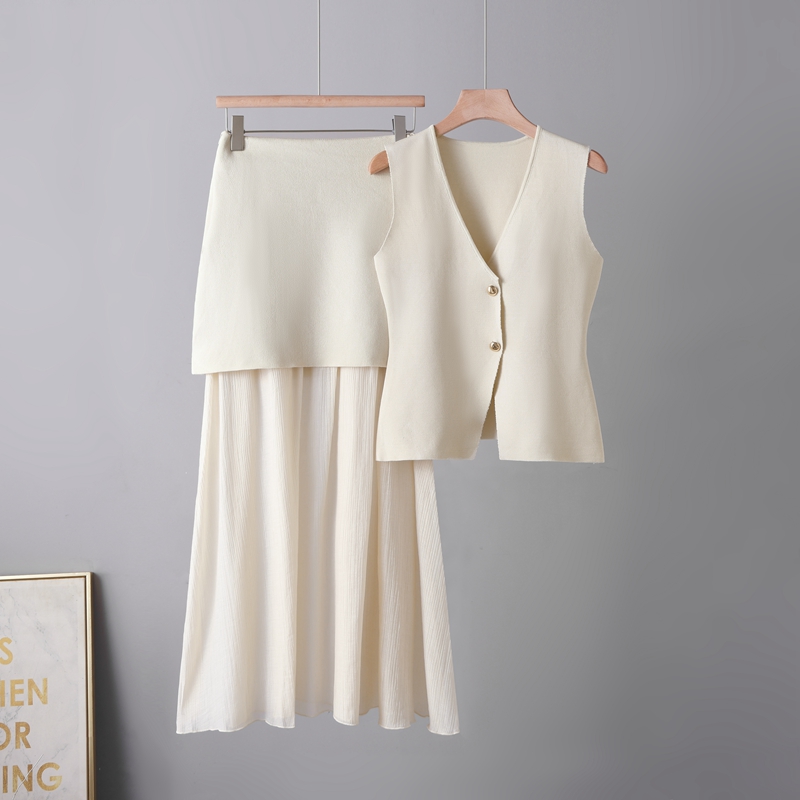 Cross border summer women's clothing European and American style set dress solid color slim knit vest top half skirt set for women