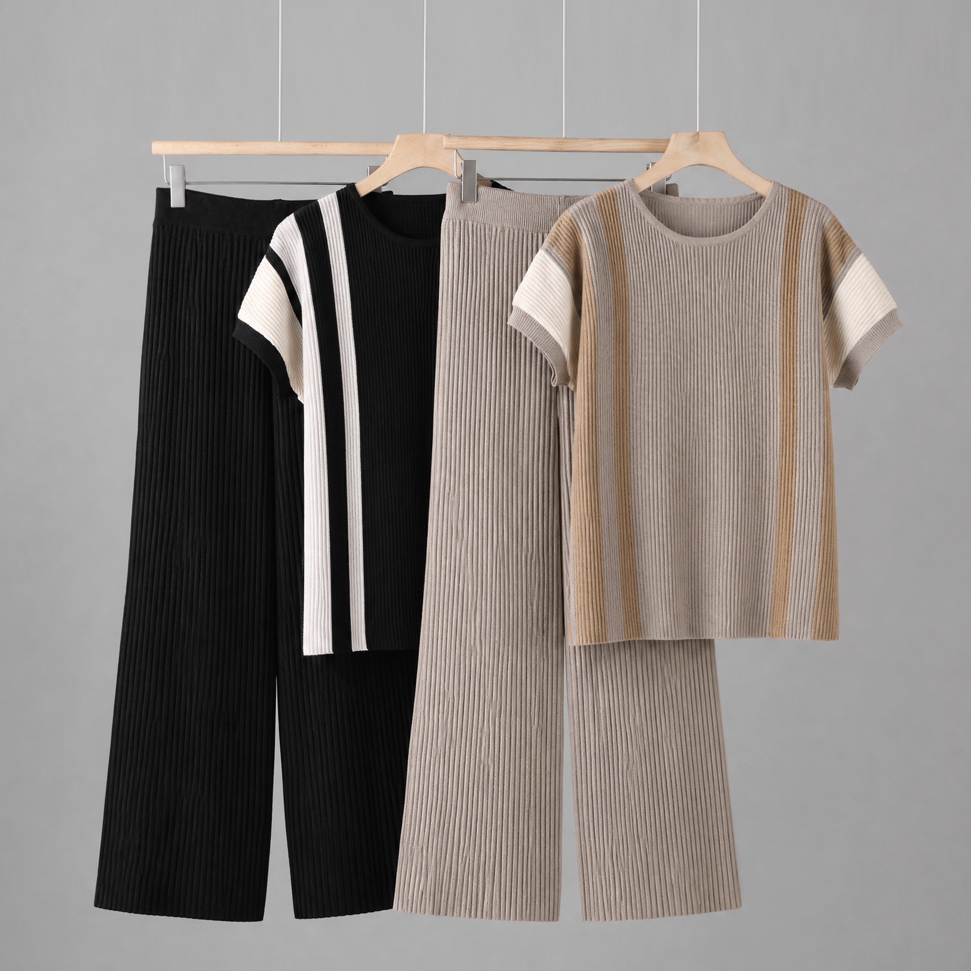 2026 European and American Cross border New Folded Color blocked Loose Fashion Casual T-shirt Long Wide Leg Pants Knitted Set 2026 European and American Cross border New Folded Color blocked Loose Fashion Casual T-shirt Long Wide Leg Pants Knitted Set