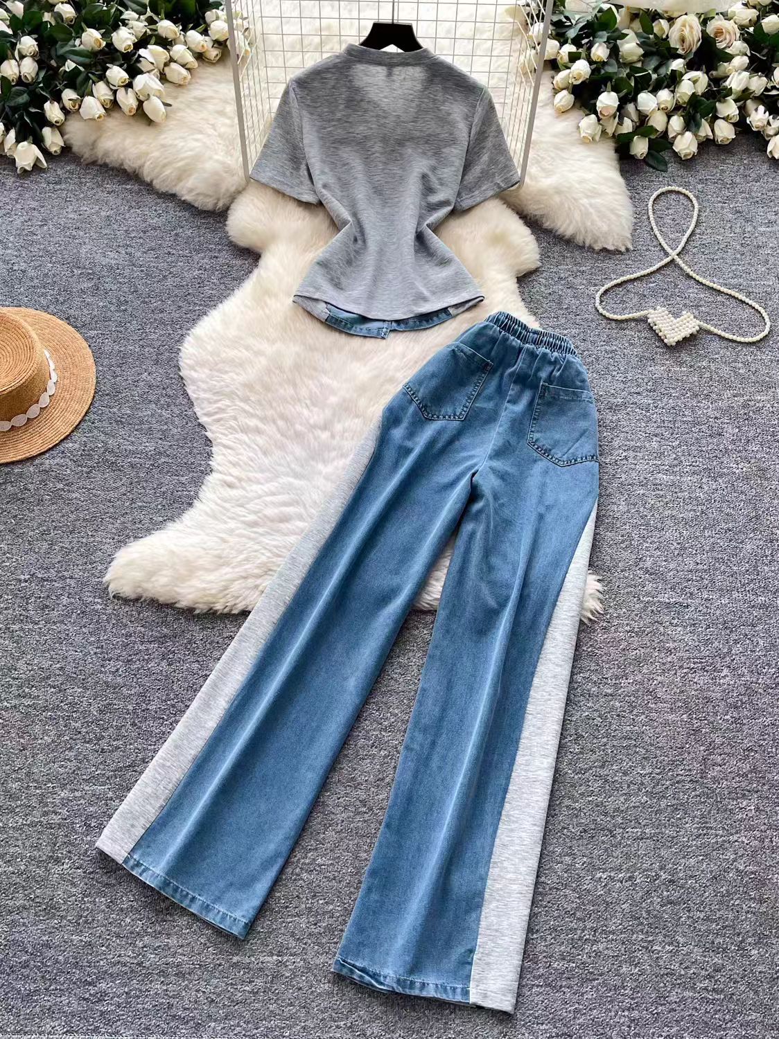 Hong Kong style retro patchwork short sleeved denim suit for women's summer daily casual straight leg pants two-piece set for slimming wear Hong Kong style retro patchwork short sleeved denim suit for women's summer daily casual straight leg pants two-piece set for slimming wear