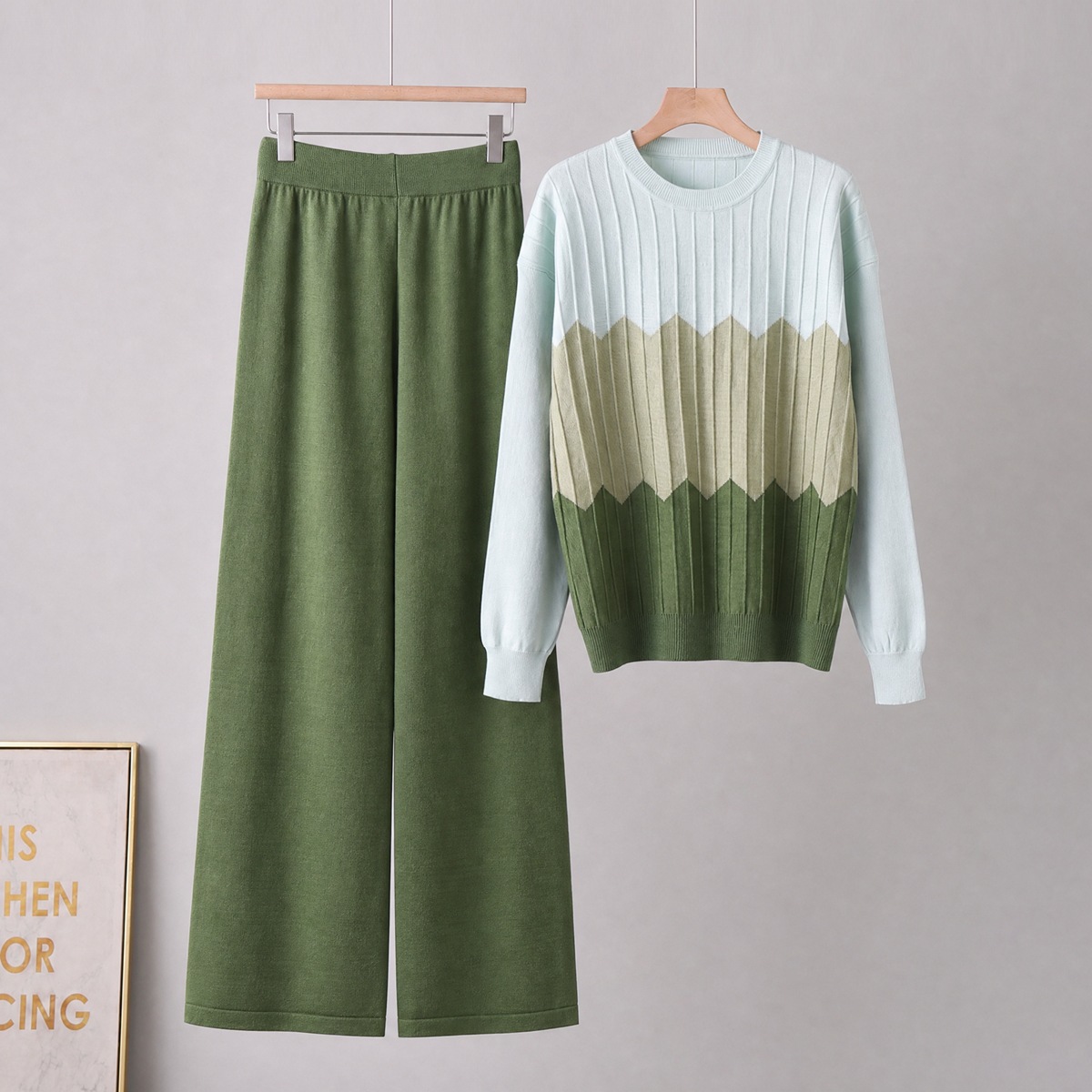 Cross border fashion suit casual contrasting color round neck long sleeved knitted shirt high waist slimming wide leg pants long pants two-piece set for women