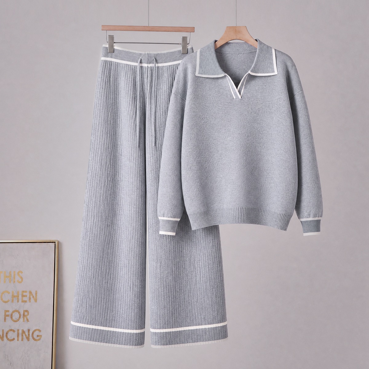 Cross border Amazon Europe Fashion Casual Set Long Sleeve Polo Collar Wide Leg Pants Knitted Two Piece Set for Women Cross border Amazon Europe Fashion Casual Set Long Sleeve Polo Collar Wide Leg Pants Knitted Two Piece Set for Women