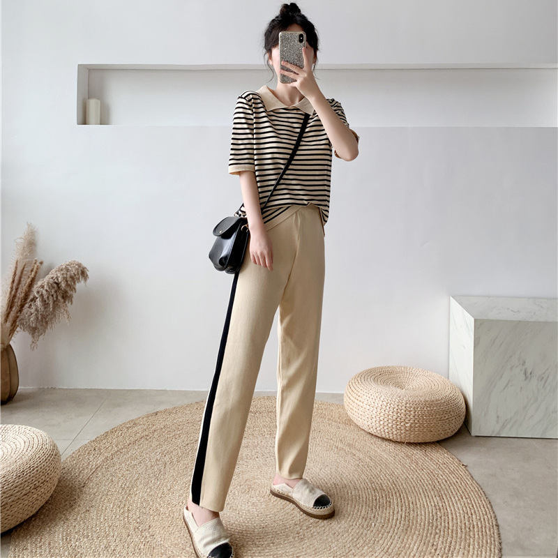Spring/Summer 2021 New Women's Sports Ins Pants Casual Ice Silk Knitted Striped Short Sleeve Fashion T-shirt Trendy Two Piece Set