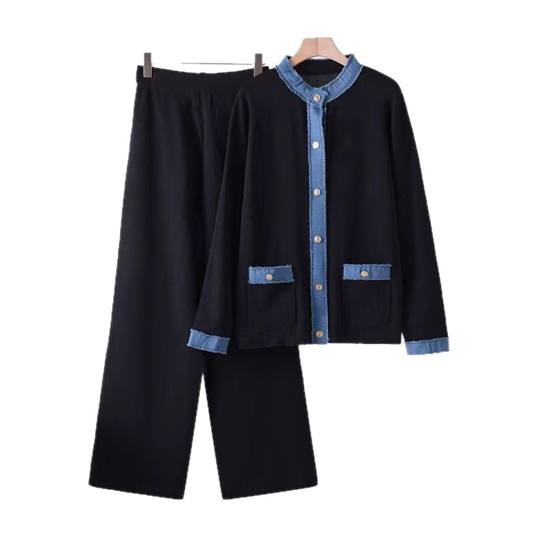 French socialite goddess style fashionable design denim patchwork knitted round neck jacket+high waist wide leg pants two-piece set French socialite goddess style fashionable design denim patchwork knitted round neck jacket+high waist wide leg pants two-piece set