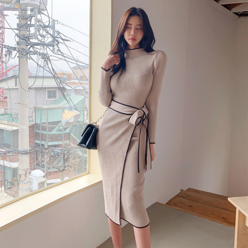 Korean chic autumn and winter retro niche semi high neck slim fit temperament color blocked medium long strap knit dress for women Korean chic autumn and winter retro niche semi high neck slim fit temperament color blocked medium long strap knit dress for women