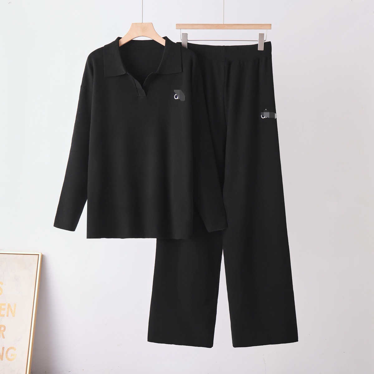 2026 Nanyou New Knitted Set Simple Logo Embroidered Collar Long Sleeve Knitted Shirt+Casual Wide Leg Pants