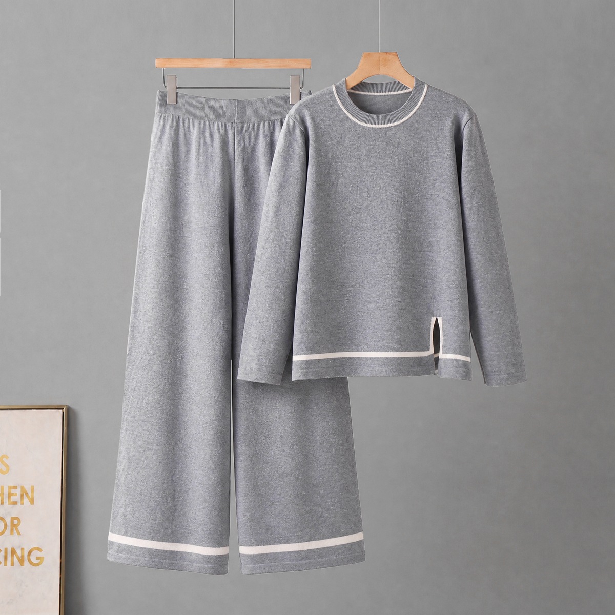 Amazon Women's New Color Contrasting Split Long Sleeve Knitted Set with High Waist and Wide Legs, Two Piece Set Amazon Women's New Color Contrasting Split Long Sleeve Knitted Set with High Waist and Wide Legs, Two Piece Set