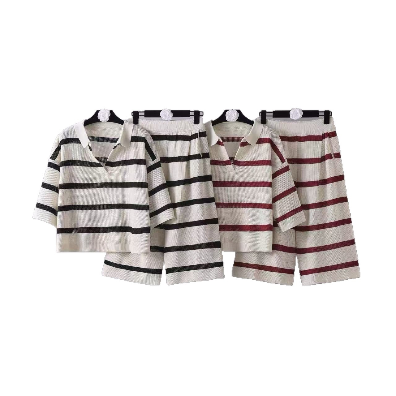 Cross border European and American striped Polo collar knitted suit summer new casual loose knitted wide leg pants two-piece set Cross border European and American striped Polo collar knitted suit summer new casual loose knitted wide leg pants two-piece set