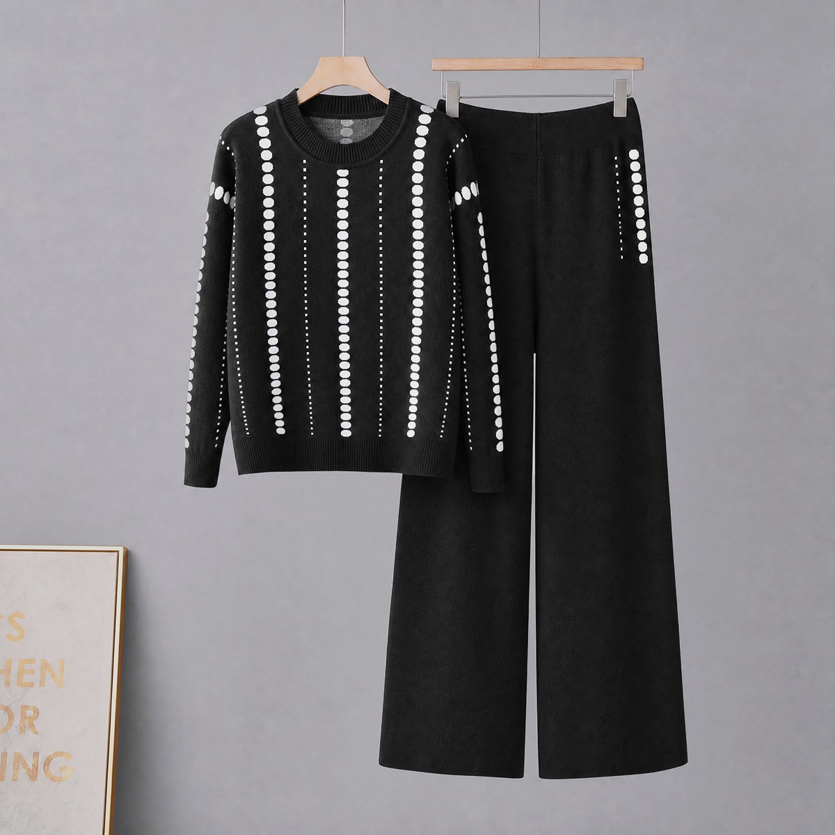 Cross border foreign trade solid color temperament knitted two-piece round neck pocket sweater+loose casual wide leg pants set for women Cross border foreign trade solid color temperament knitted two-piece round neck pocket sweater+loose casual wide leg pants set for women