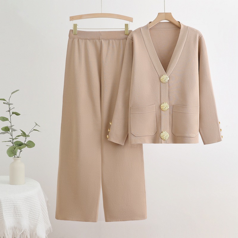 Cross border large button knitted sweater two-piece set for women's autumn and winter 2025 new loose casual wide leg pants set trend
