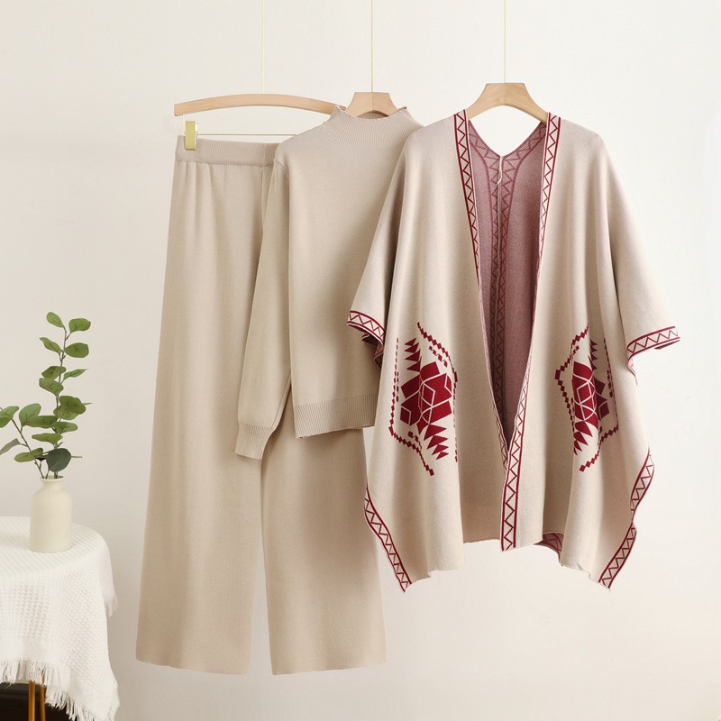 Cross border foreign trade loose and lazy mid neck pullover knitted sweater with shawl cloak jacket and wide leg pants three piece set Cross border foreign trade loose and lazy mid neck pullover knitted sweater with shawl cloak jacket and wide leg pants three piece set