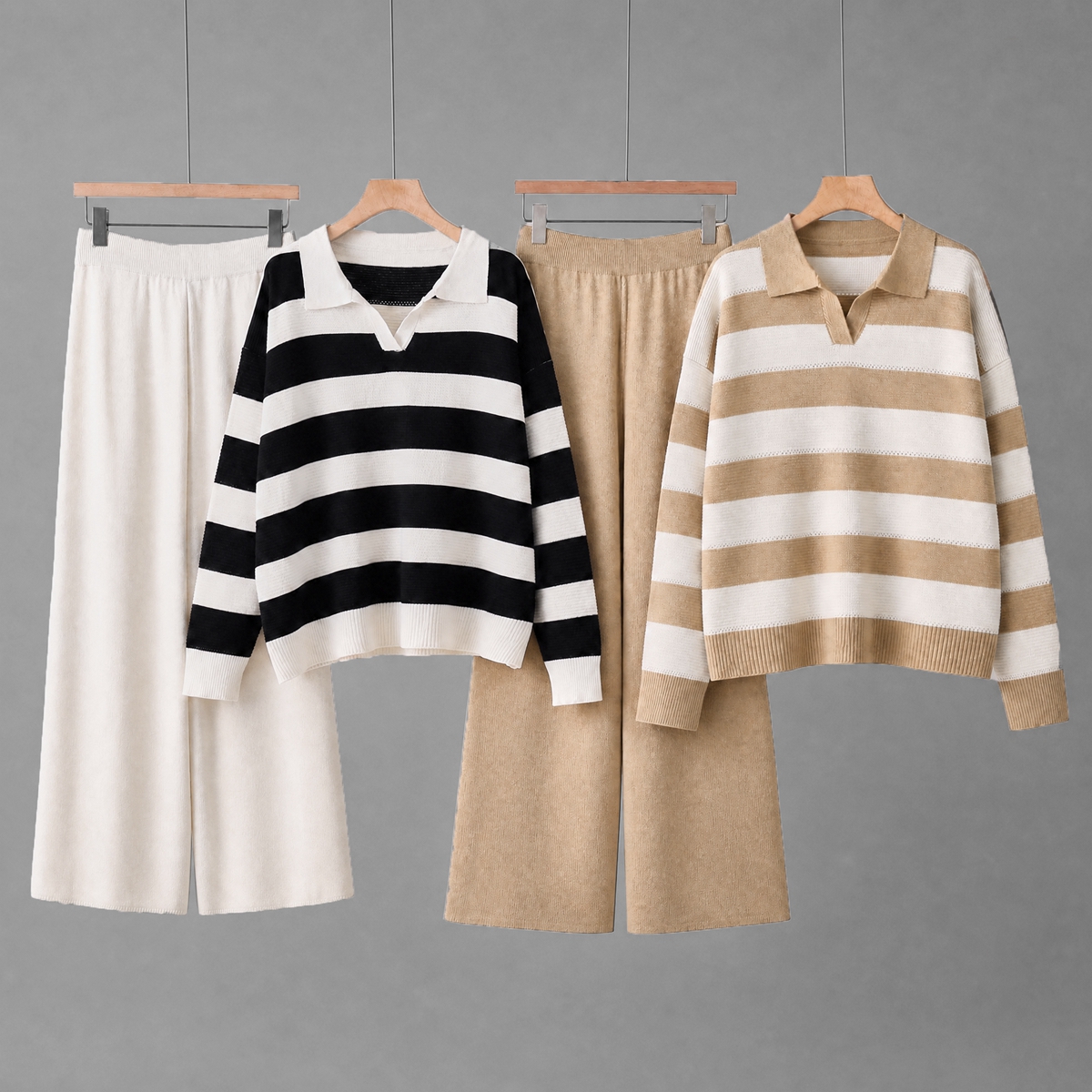 2026 Cross border Foreign Trade Retro Lazy Style Premium Soft Sticky Loose Stripe Collar Fashion Knitted Two Piece Set 2026 Cross border Foreign Trade Retro Lazy Style Premium Soft Sticky Loose Stripe Collar Fashion Knitted Two Piece Set