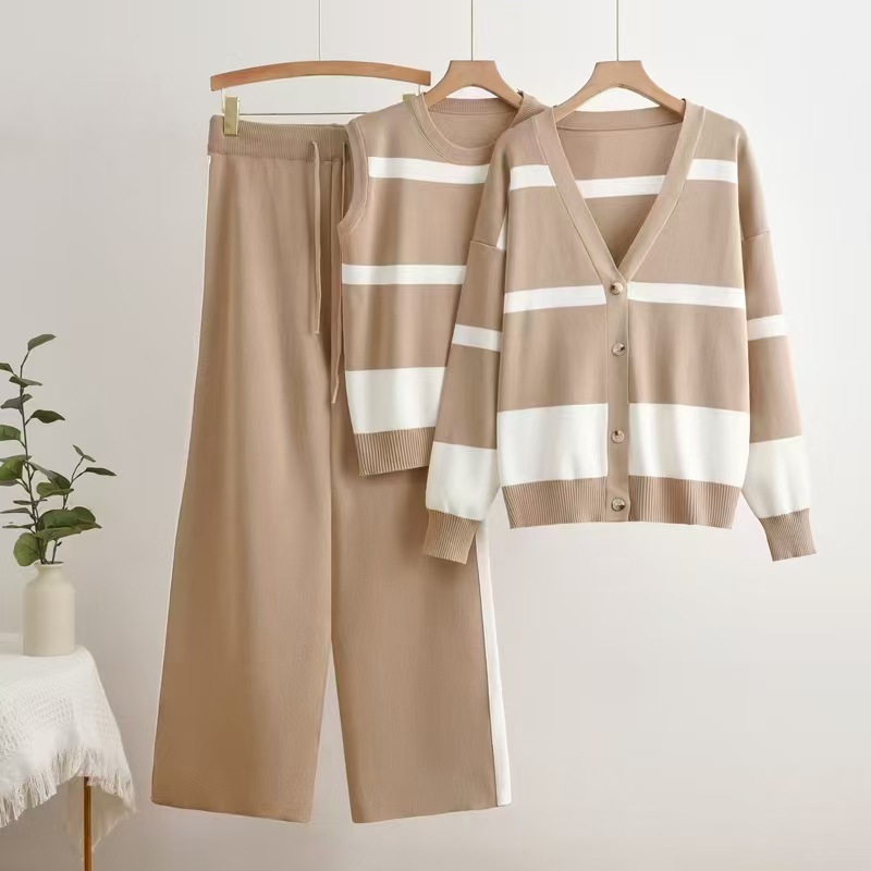 Cross border autumn new style striped sleeveless vest with buttons inside, knitted cardigan top, wide leg pants three piece set Cross border autumn new style striped sleeveless vest with buttons inside, knitted cardigan top, wide leg pants three piece set