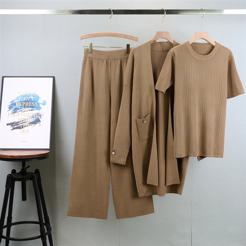 European and American foreign trade fashion temperament knitted three piece set women's short sleeved round neck top+medium length cardigan jacket+wide leg pants